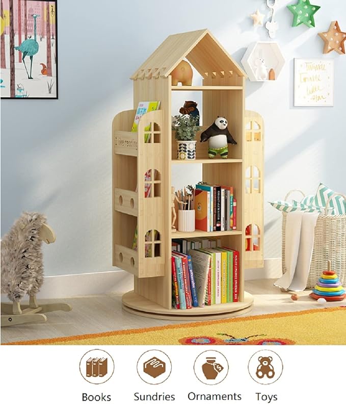 Heehee Rotating Bookshelf 360 Display Floor Standing Bookcase Storage Rack for Kids Children's bookshelf, Book Display Stand, Wood Book Shelf Organizer for Kids, Storage Book Display Case Bookrack - LeafyLoom