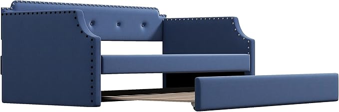 Twin Size Upholstered Trundle, Daybed Frame Sofa Bed for Bedroom Living Room Guestroom, Wood Slat Support, Space Saving Design, Blue - LeafyLoom