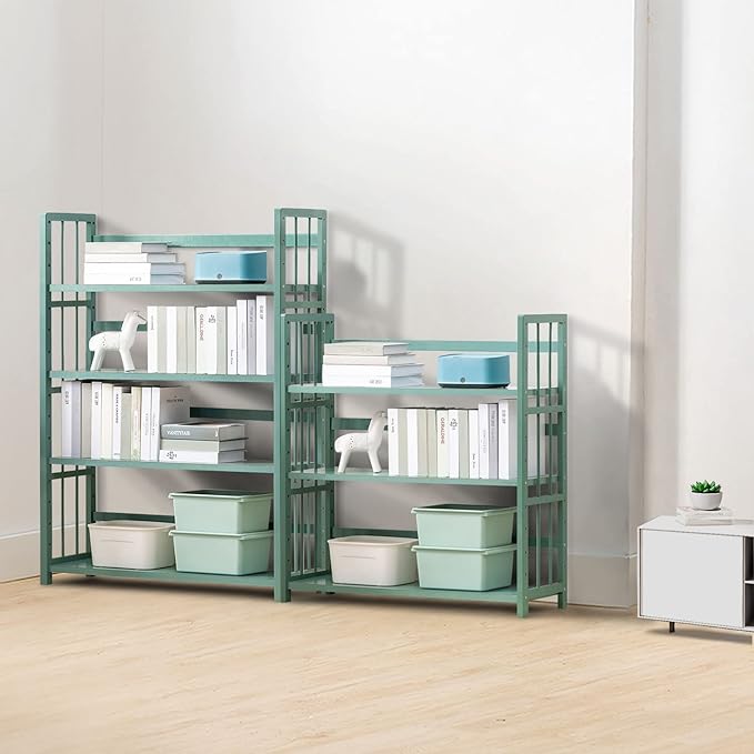 IOTXY Adjustable Bamboo Open Bookshelf - Large 4-Tier Free Standing Storage Rack, Multifunctional Display Stand for Home and Office, Bookcase, Light Green - LeafyLoom