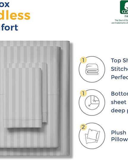 THREAD SPREAD Striped Egyptian Cotton Sheets Twin XL Size - 600 Thread Count 3 PC Damask Twin XL Sheets Deep Pockets, Sateen Weave College Dorm Bedding Twin XL, Fits Mattress upto 18" - Silver Stripe - LeafyLoom