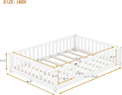 Multifunctional Full Size Floor Bed with Safety Guardrails and Door, Removable Wood Slats, Montessori Beds Frame for Toddlers, for Boys and Girls, White - LeafyLoom