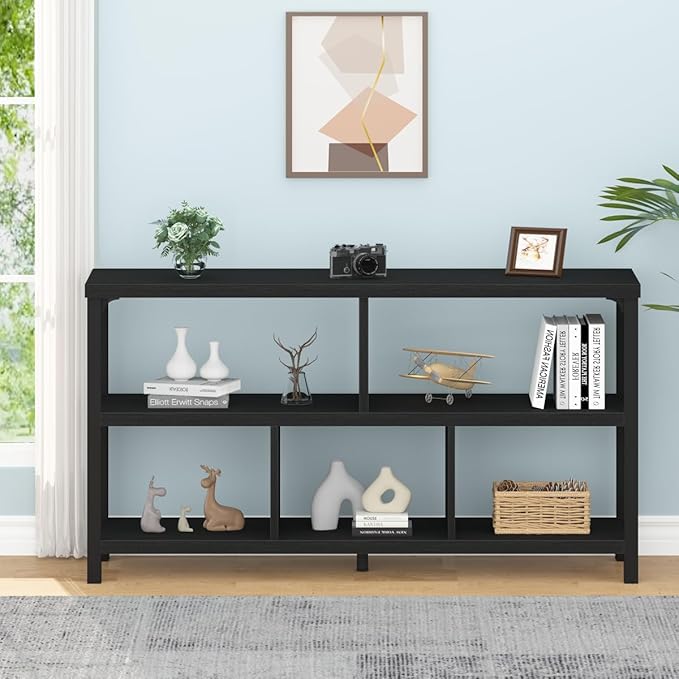 IBF Horizontal Cube Book shelf, Industrial Modern Open Bookshelf, Low Wide Home 5 Cube Storage Organizer Long Shelf for Bedroom, Short Wood and Metal Cubby Book Shelf for Living Room, Black Oak, 47 In - LeafyLoom