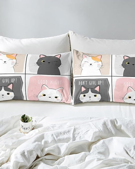 Erosebridal Kawaii Cats Comforter Set King,Pink Grey Cute Little Cat Down Comforter Adorable Kitten Animal Bedding Set for Kids Boys Girls Patchwork Cartoon Doodle Quilt Duvet Set with 2 Pillow Cases - LeafyLoom