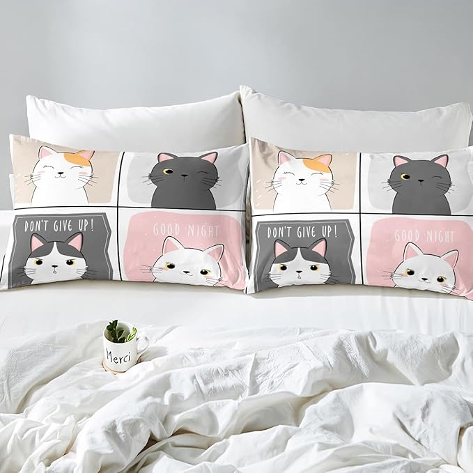 Erosebridal Kawaii Cats Comforter Set Queen,Pink Grey Cute Little Cat Down Comforter Adorable Kitten Animal Bedding Set For Kids Boys Girls Patchwork Cartoon Doodle Quilt Duvet Set With 2 Pillow Cases - LeafyLoom