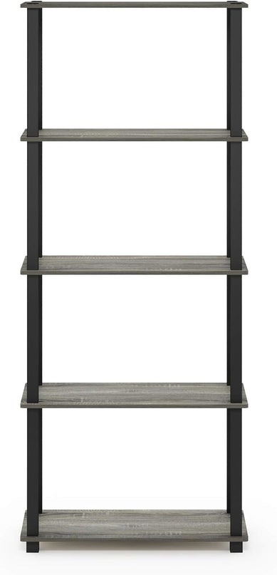 Furinno Turn-N-Tube 5-Tier Multipurpose Shelf / Display Rack / Storage Shelf / Bookshelf, Square Tubes, French Oak Grey/Black - LeafyLoom
