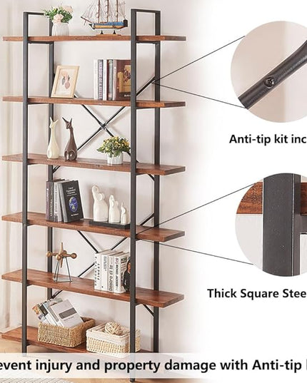 HSH Solid Wood Bookshelf, 6 Tier Tall Industrial Etagere Bookcase and Storage Shelves Heavy Duty, Rustic Large Open Vertical Metal Natural Real Wood Book Shelf for Bedroom Living Room Distressed Brown - LeafyLoom
