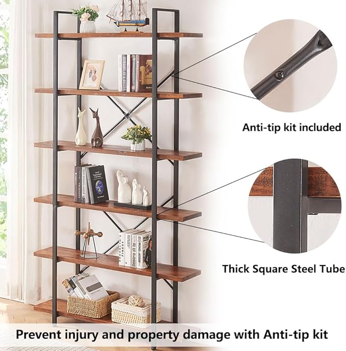 HSH Solid Wood Bookshelf, 6 Tier Tall Industrial Etagere Bookcase and Storage Shelves Heavy Duty, Rustic Large Open Vertical Metal Natural Real Wood Book Shelf for Bedroom Living Room Distressed Brown - LeafyLoom