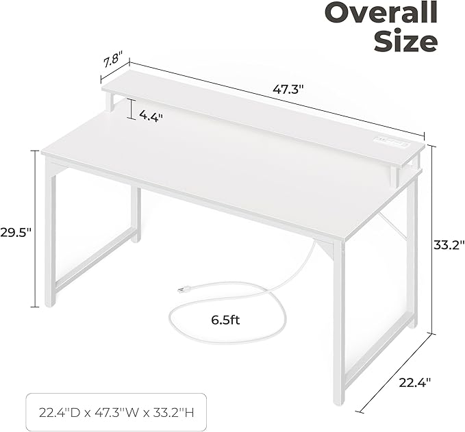 SUPERJARE 47 inch Computer Desk with LED Lights & Power Outlets, Home Office Desk with Monitor Shelf, Small Desk for Home & Office, White - LeafyLoom