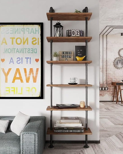 Industrial Pipe Bookshelves Rustic Wall Ladder Bookshelf Display Storage Stand Shelf Bookcase for Living Room, Kitchen, Office (6 Tier) - LeafyLoom