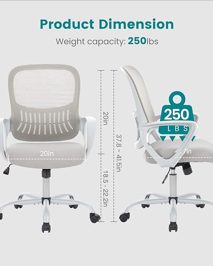 SMUG Office Computer Desk Ergonomic Mid-Back Mesh Rolling Work Swivel Task Chairs with Wheels, Comfortable Lumbar Support, Comfy Arms, Grey - LeafyLoom
