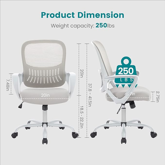 SMUG Office Computer Desk Ergonomic Mid-Back Mesh Rolling Work Swivel Task Chairs with Wheels, Comfortable Lumbar Support, Comfy Arms, Grey - LeafyLoom