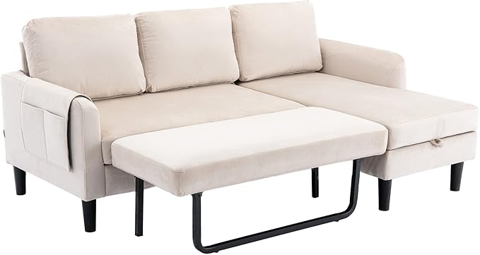 72.44" L-Shaped Reversible Sectional Sofa w/Pull Out Bed & Storage Chaise Lounge,Interior Furniture Comfy Sleeper Corner Couch with 3 Throw Pillows and Pockets,for Dorm,Apartment,Beige - LeafyLoom