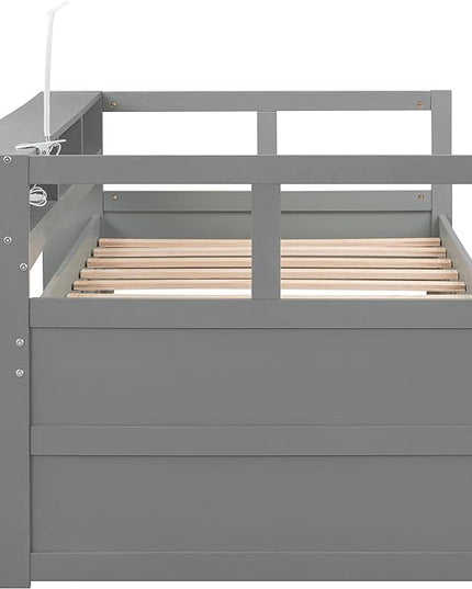 Twin XL Wood Daybed with 2 Trundles, 3 Storage Cubbies, 1 Light for Free and USB Charging Design, for Bedroom/Living Apartment/Guest-Room,Gray - LeafyLoom