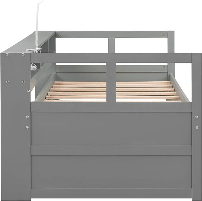 Twin XL Wood Daybed with 2 Trundles, 3 Storage Cubbies, 1 Light for Free and USB Charging Design, for Bedroom/Living Apartment/Guest-Room,Gray - LeafyLoom