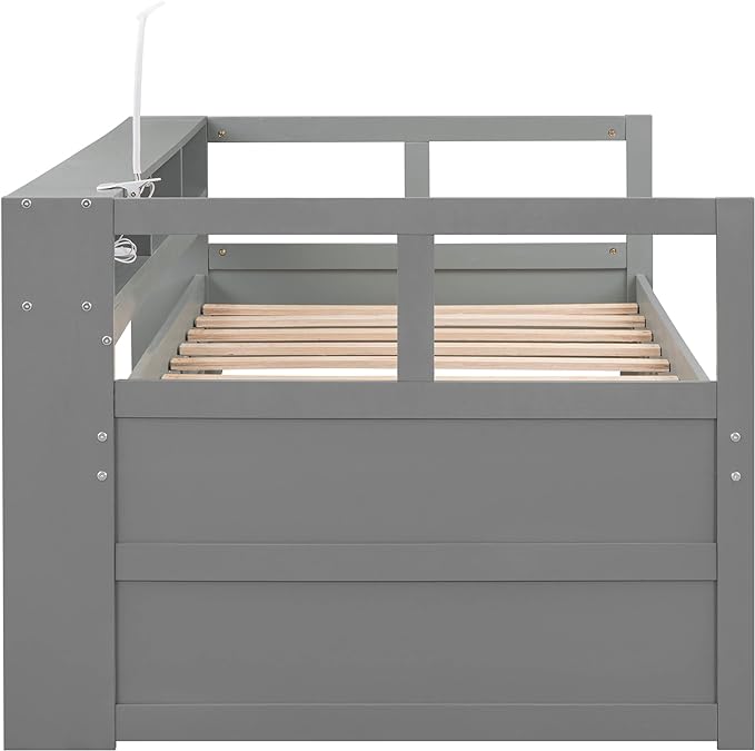 Twin XL Wood Daybed with 2 Trundles, 3 Storage Cubbies, 1 Light for Free and USB Charging Design, for Bedroom/Living Apartment/Guest-Room,Gray - LeafyLoom