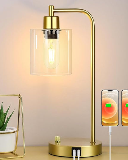 Gold Industrial Table Lamp with 2 USB Charging Ports, Fully Stepless Dimmable Modern Nightstand Lamp, Glass Shade Bedside Desk Lamp for Bedroom Living Room Office, 6W 2700K LED Edison Bulb Included - LeafyLoom