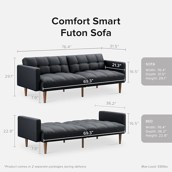 mopio Aaron Couch, Small Sofa, Futon, Sofa Bed, Sleeper Sofa, Loveseat, Mid Century Modern Futon Couch, Sofa Cama, Couches for Living Room, Bedroom (Midnight Black, Faux Leather) - LeafyLoom