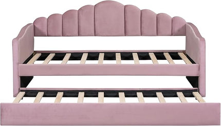 Twin Size Upholstered Daybed with Trundle and Striped Headboard, Velvet Sofa Bed w/USB Charging Ports & Side Pockets, for Bedroom Living Room, No Box-spring Needed, Pink - LeafyLoom