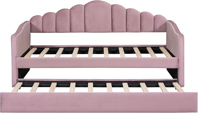 Twin Size Upholstered Daybed with Trundle and Striped Headboard, Velvet Sofa Bed w/USB Charging Ports & Side Pockets, for Bedroom Living Room, No Box-spring Needed, Pink - LeafyLoom