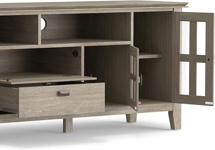 SIMPLIHOME Artisan SOLID WOOD Universal TV Media Stand, 72 inch Wide, Transitional, Living Room Entertainment Center, Storage Cabinet, for Flat Screen TVs up to 80 inches in Distressed Grey - LeafyLoom