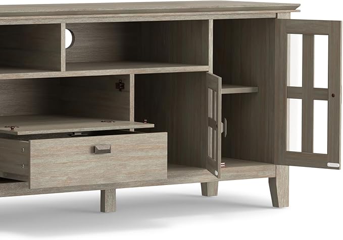 SIMPLIHOME Artisan SOLID WOOD Universal TV Media Stand, 72 inch Wide, Transitional, Living Room Entertainment Center, Storage Cabinet, for Flat Screen TVs up to 80 inches in Distressed Grey - LeafyLoom