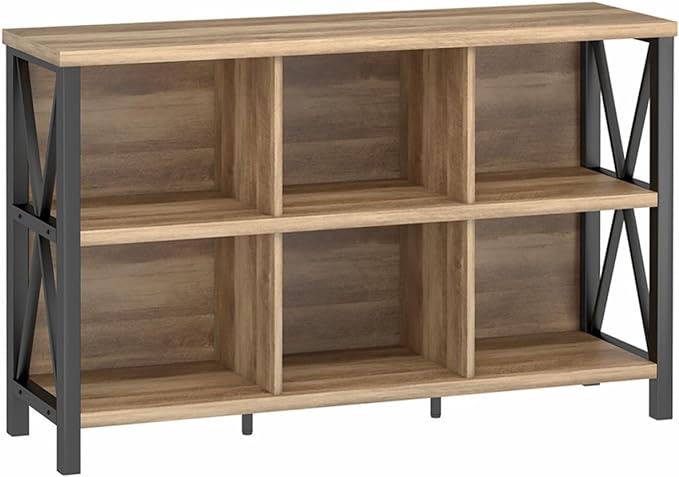 FATORRI 6 Cube Storage Organizer with Shelf, Long Wood and Metal Cubby Bookcase, Industrial Horizontal Bookshelf (Rustic Oak, 47 Inch) - LeafyLoom