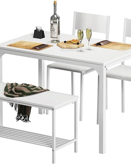 soges 4 Person Dining Table Set,43.3 inch Kitchen Table Set for 4,2 Chairs with Backrest,2-Person Bench with Storage, White Rack,Nesting Furniture Set for Dining Room and Restaurant, White - LeafyLoom