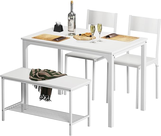soges 4 Person Dining Table Set,43.3 inch Kitchen Table Set for 4,2 Chairs with Backrest,2-Person Bench with Storage, White Rack,Nesting Furniture Set for Dining Room and Restaurant, White - LeafyLoom