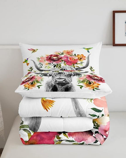 Erosebridal Highland Cow Floral Comforter Set Full Size Bull Cattle Flower Bedding Set Wildlife Farmhouse Cow Quilt Hummingbird Duvet Insert Soft All Season White Down Comforter with 2 Pillowcases - LeafyLoom