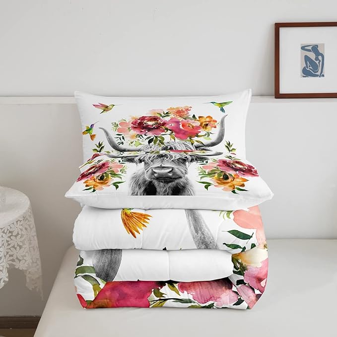 Erosebridal Highland Cow Floral Comforter Set Full Size Bull Cattle Flower Bedding Set Wildlife Farmhouse Cow Quilt Hummingbird Duvet Insert Soft All Season White Down Comforter with 2 Pillowcases - LeafyLoom