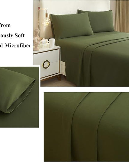 Army Green Full Size Sheet Set Extra Soft Deep Pocket Sheets Set,4 Piece Bed Fitted Sheets Fit 16 Mattress,Wrinkle,Fade,Sain Resistant Cooling Bed Sheets,Fitted Sheets,Pillowcases Set - LeafyLoom
