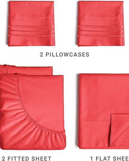 Split King Size 5 Piece Sheet Set - Comfy Breathable & Cooling Sheets - Hotel Luxury Bed Sheets for Women & Men - Deep Pockets, Easy-Fit, Extra Soft & Wrinkle Free Sheets - Red Oeko-Tex Bed Sheet Set - LeafyLoom