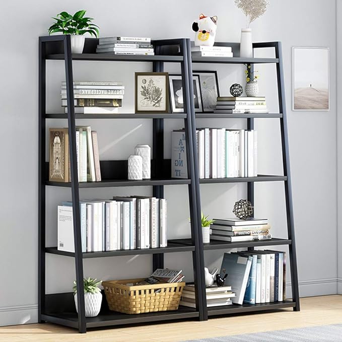 IOTXY 5 Tier Open Bookshelf - Steel and Wood Display Stand, 50CM Width Floor-Standing Bookcase, Black - LeafyLoom