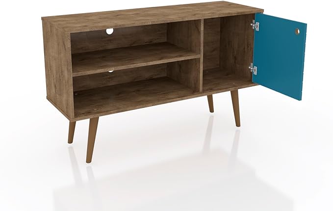Manhattan Comfort Liberty Mid Century Modern TV Stand for Televisions up to 46 Inches, Bedroom and Living Room Entertainment Center with Storage, Shelves, and Cabinet, 43" Wide, Rustic Brown/Aqua - LeafyLoom