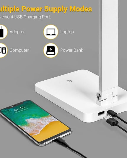 LED Desk Lamp for Home Office, 3 Levels Dimmable Desk Light with USB Charging Port, Small Study Lamp, Reading Light for Table, White, 5000K - LeafyLoom
