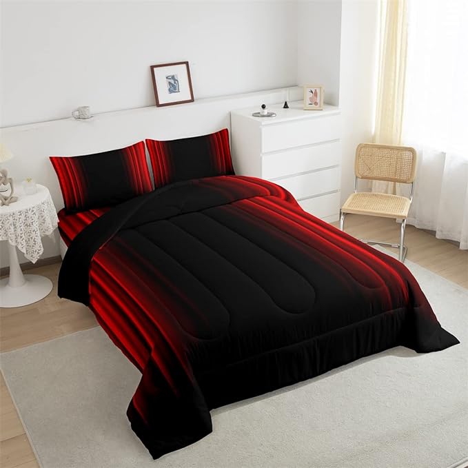 Abstract Ombre Comforter Set Kids Teens Red and Black Bedding Set Room Decor 3Pcs Full Size - LeafyLoom