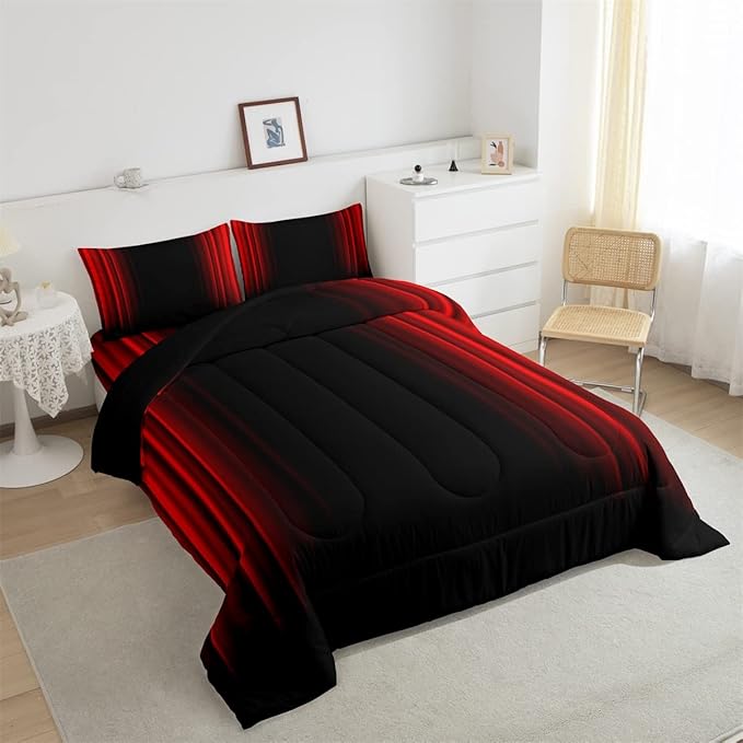 Feelyou Abstract Ombre Comforter Set Kids Teens Red and Black Bedding Set Room Decor 3Pcs Queen Size - LeafyLoom