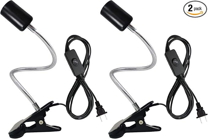 Clip Desk Lamp Socket 2 Pack Flexible Gooseneck Lamp Stand Clip-On with Switch Plugs Clip on Light with Flexible Neck Portable Clip on Light Metal Clip Holder Desk Study Clamp Lamp - LeafyLoom