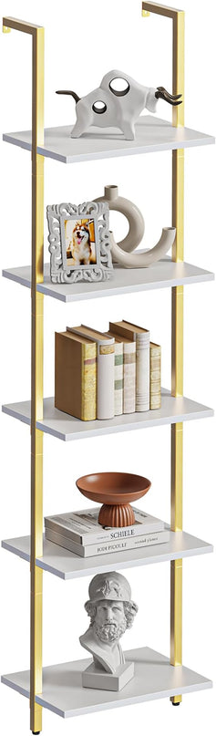 SUPERJARE 5 Tier Bookshelf, Narrow Book Shelf with Open Display Shelves, Small Bookcase with Metal Frame for Bedroom, Living Room, White and Gold - LeafyLoom
