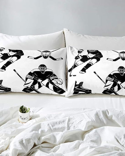 Erosebridal Ice Hockey Comforter Set, Ice Hockey Player Bedding Set King, Winter Sports Game Duvet Set, Black White Quilt Set Cartoon Bedding Comforters for Kids Child Boys Teens Gift - LeafyLoom
