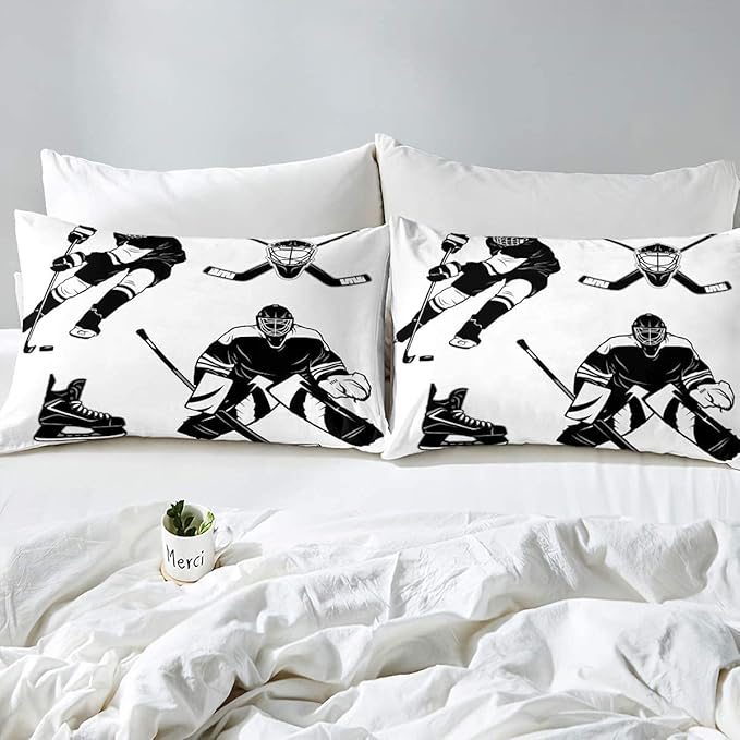 Erosebridal Ice Hockey Comforter Set, Ice Hockey Player Bedding Set King, Winter Sports Game Duvet Set, Black White Quilt Set Cartoon Bedding Comforters for Kids Child Boys Teens Gift - LeafyLoom