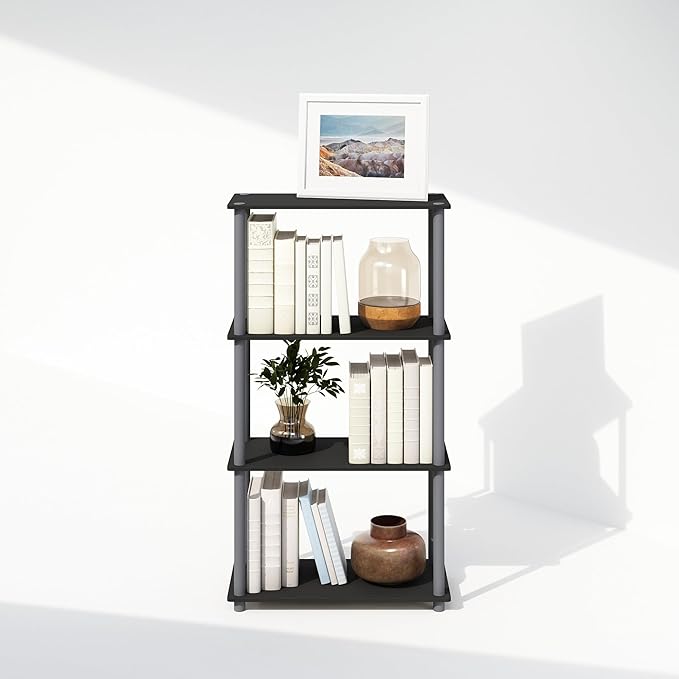Furinno Turn-N-Tube 4-Tier Multipurpose Shelf Display Rack, Shelving Unit, Bookcase, Black/Grey - LeafyLoom