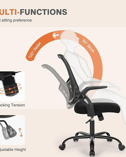 Sweetcrispy Office Computer Desk Chair, Ergonomic Mid-Back Mesh Rolling Work Swivel Task Chairs with Wheels, Comfortable Lumbar Support, Comfy Flip-up Arms for Home, Bedroom, Study, Student, Black - LeafyLoom