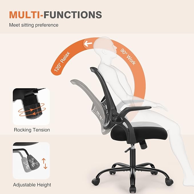 Sweetcrispy Office Computer Desk Chair, Ergonomic Mid-Back Mesh Rolling Work Swivel Task Chairs with Wheels, Comfortable Lumbar Support, Comfy Flip-up Arms for Home, Bedroom, Study, Student, Black - LeafyLoom
