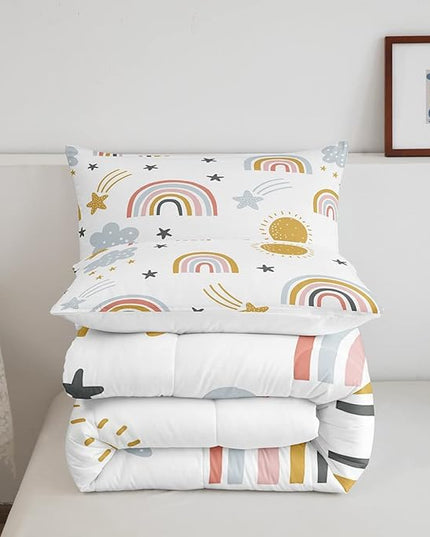Erosebridal Girls Rainbow Bedding Set, Sun and Stars Comforter Set Twin Size for Kids Boys Children Cartoon Style Cloud Bedding Comforters Girly Soft Microfiber Duvet Insert for Bedroom Decor - LeafyLoom