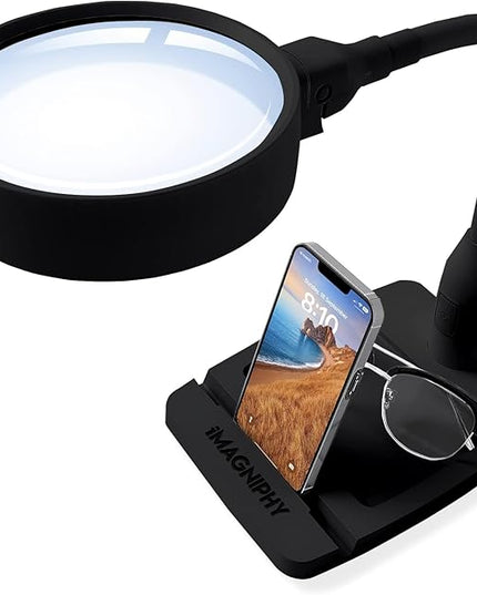 8X Desk Magnifying Light - Magnifying Glass for Reading and Crafts with 6 LEDs (No Glare, No Flickering) - Magnifying Lamp with Light and Stand, 2 Brightness Settings - Ideal for Seniors - LeafyLoom