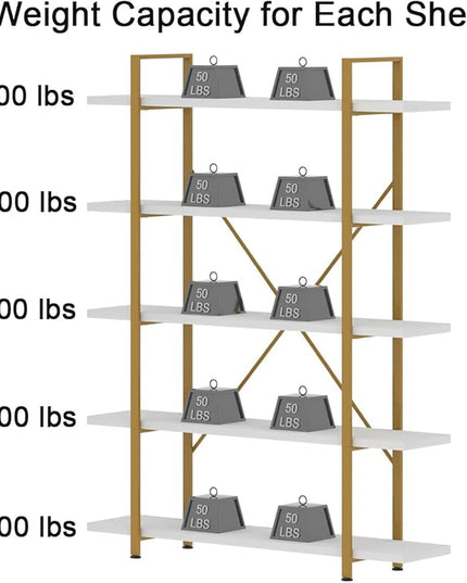 HSH 5 Tier White and Gold Bookshelf, Tall Storage Bookshelves for Bedroom Living Room Office, Metal and Wood Large Book Shelves, Modern Vertical 5 Shelf Bookcase, Farmhouse Big Open Display Book Shelf - LeafyLoom