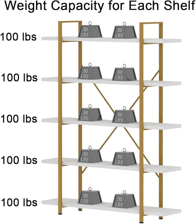 HSH 5 Tier White and Gold Bookshelf, Tall Storage Bookshelves for Bedroom Living Room Office, Metal and Wood Large Book Shelves, Modern Vertical 5 Shelf Bookcase, Farmhouse Big Open Display Book Shelf - LeafyLoom