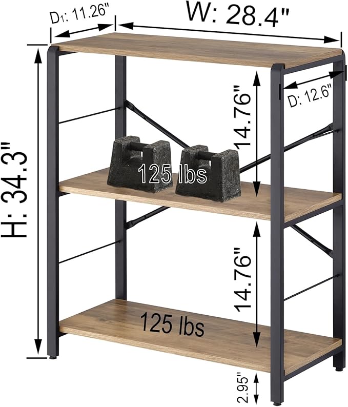 FOLUBAN Small Bookshelf, 3 Tier Open Book Shelf, Rustic Wood and Metal Shelving Unit for Small Space, Oak - LeafyLoom