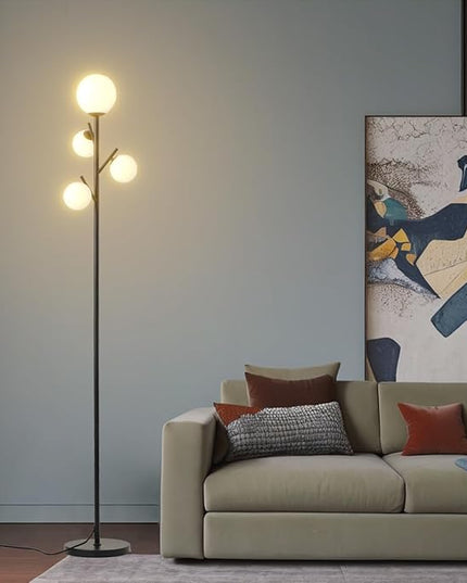 4 Globe Floor Lamp, Modern Sputnik Tree Standing Lamp with Frosted Glass Ball Lampshade & 3000K LED Bulbs, Mid Century Contemporary Tall Lamp for Living Room, Bedroom, Office, Hotel - LeafyLoom